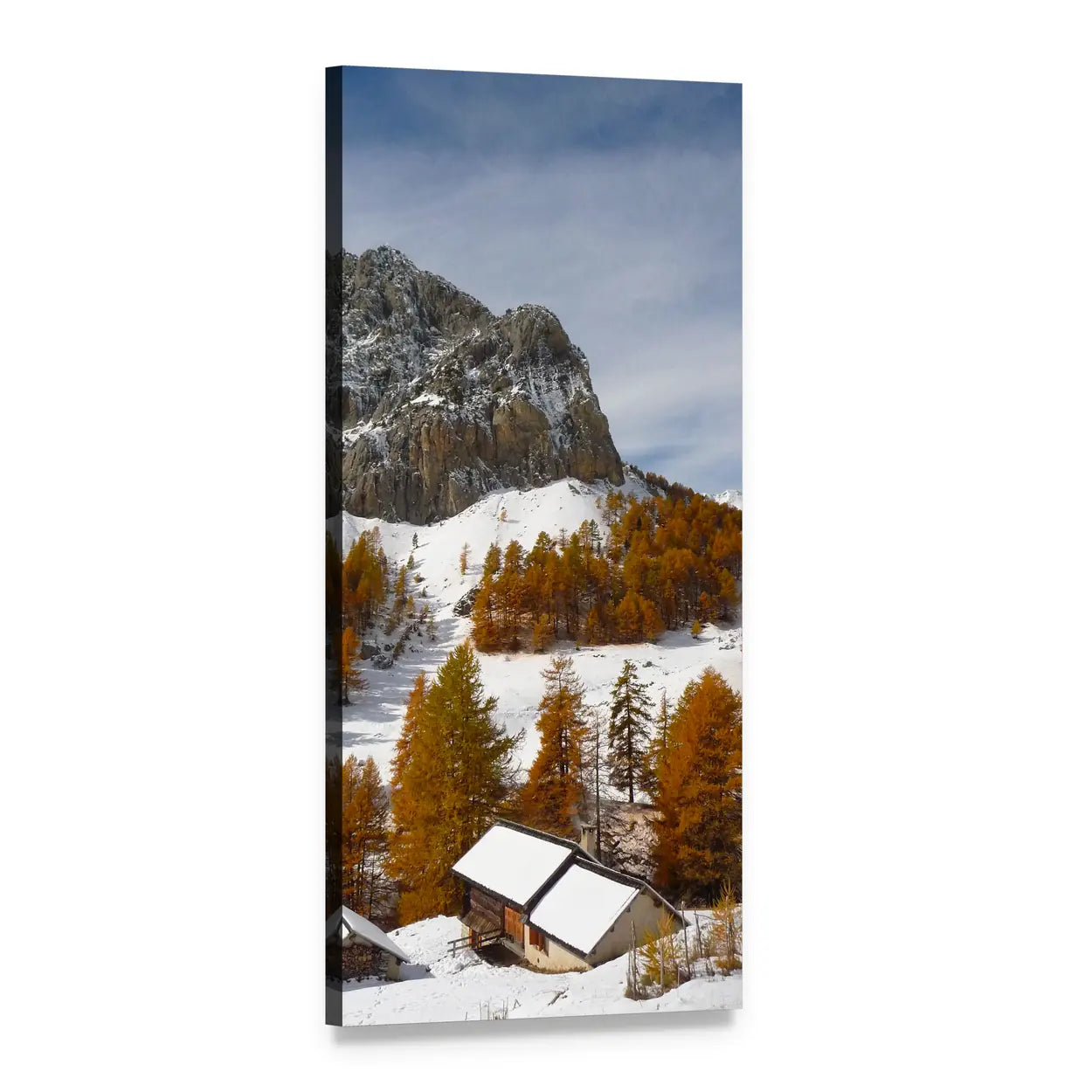 Swiss Alps Mountain Chalet Vertical Canvas Wall Art, 1 panel 1 Vertical layout gallery wrapped canvas set, angled product view