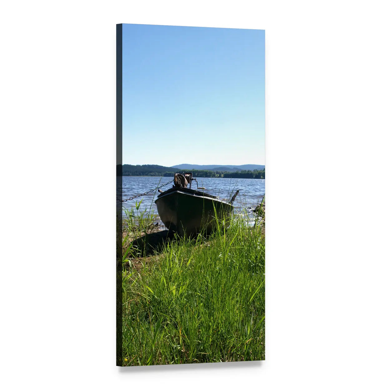 Weathered Wooden Boat on Lake Shore Vertical Canvas Wall Art, 1 panel 1 Vertical layout gallery wrapped canvas set, angled product view
