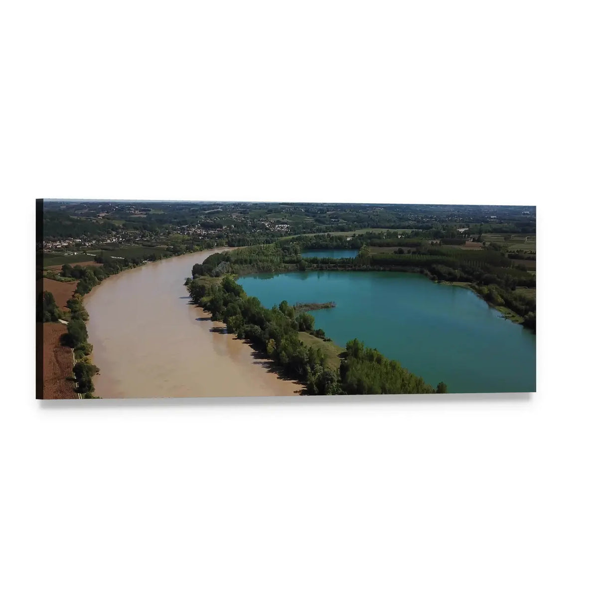Summer River and Teal Lake Landscape Panoramic Canvas Wall Art, single panel gallery wrapped canvas, angled product view