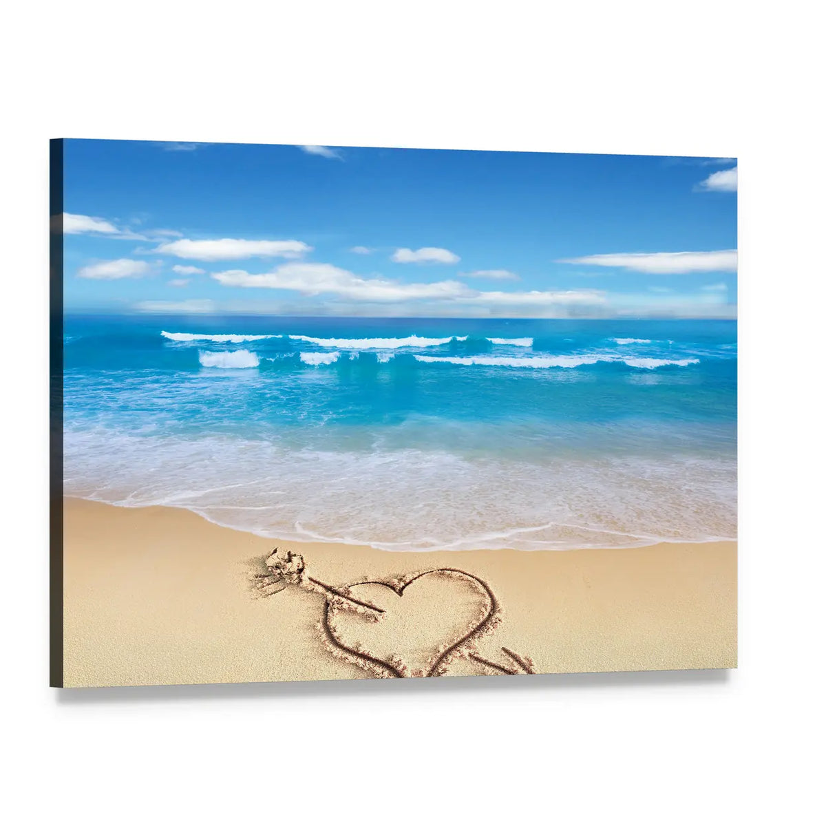 Heart in Sand on Sunny Shore Canvas Wall Art, single panel gallery wrapped canvas, angled product view