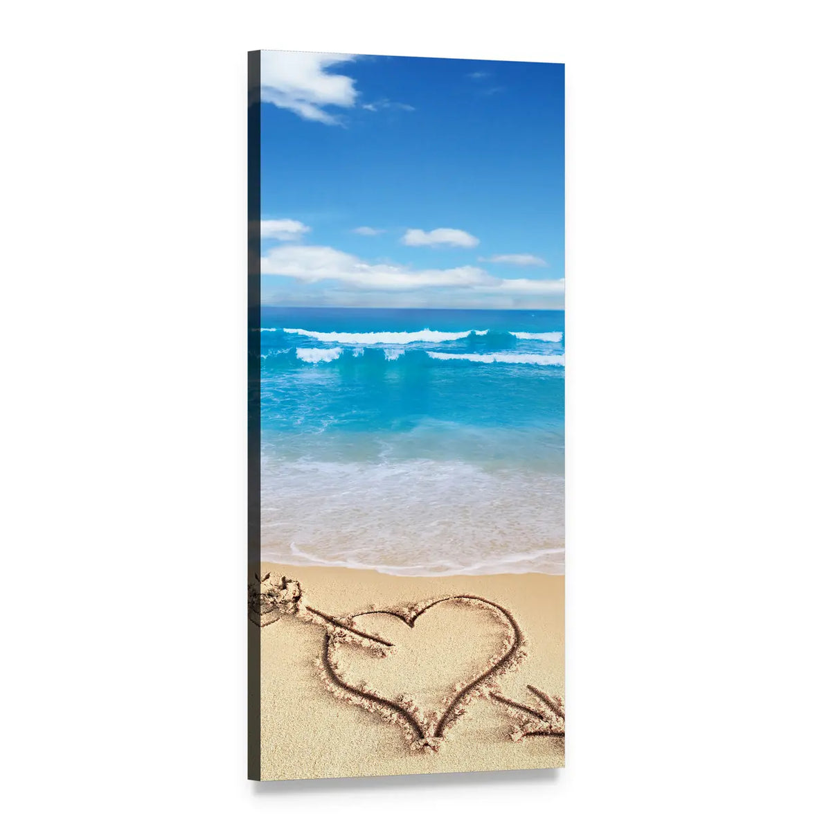 Heart with Arrow Drawn in Sand Vertical Canvas Wall Art, 1 panel 1 Vertical layout gallery wrapped canvas set, angled product view
