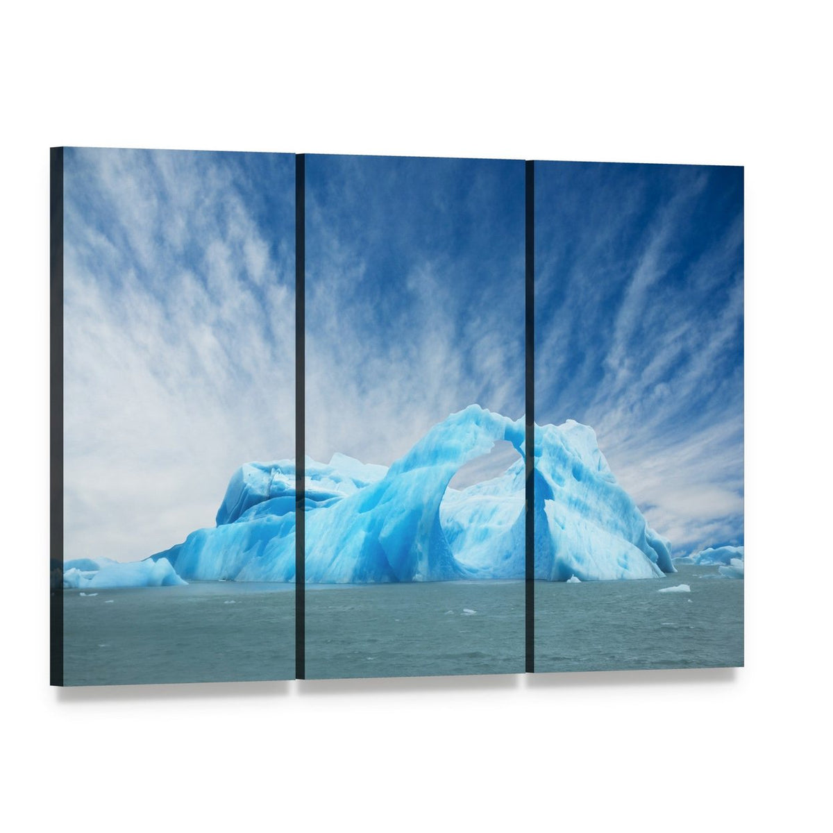 Iceberg Floating in the Water Canvas Wall Art, 3 panel 3 Horizontal layout gallery wrapped canvas set, angled product view