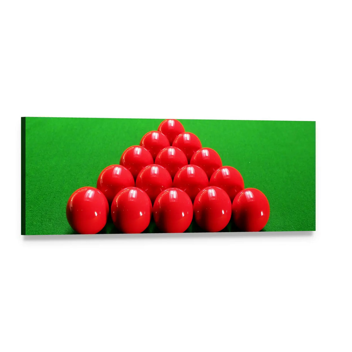Triangular Rack of Red Snooker Balls Panoramic Canvas Wall Art, single panel gallery wrapped canvas, angled product view