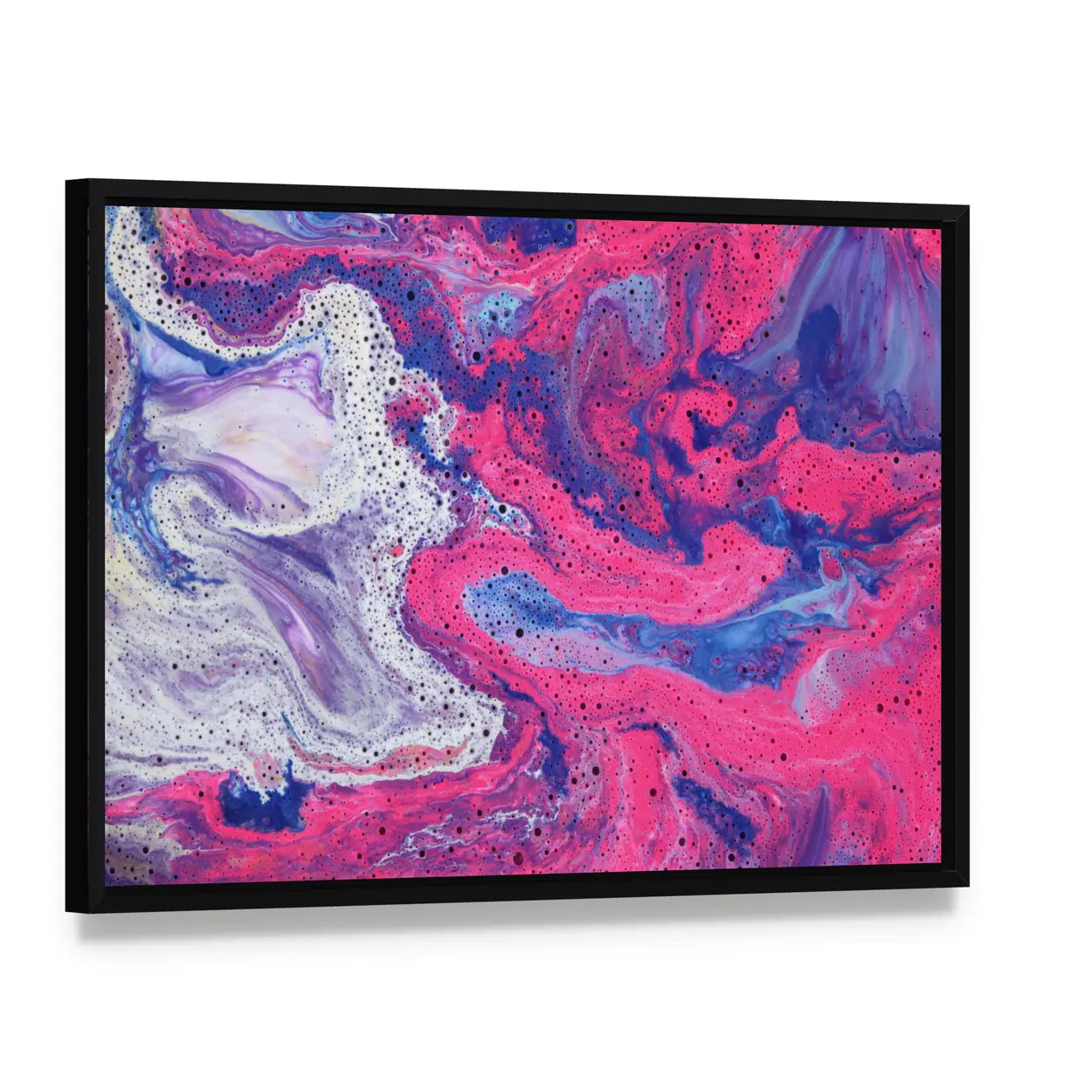 Acrylic Marble Texture Canvas Wall Art, framed canvas in a black floater frame, angled product view