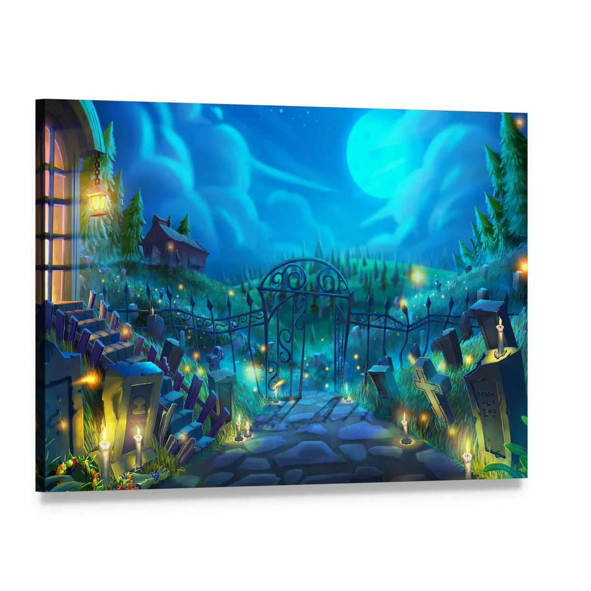 Moonlit Graveyard with Iron Gate Canvas Wall Art, single panel gallery wrapped canvas, angled product view
