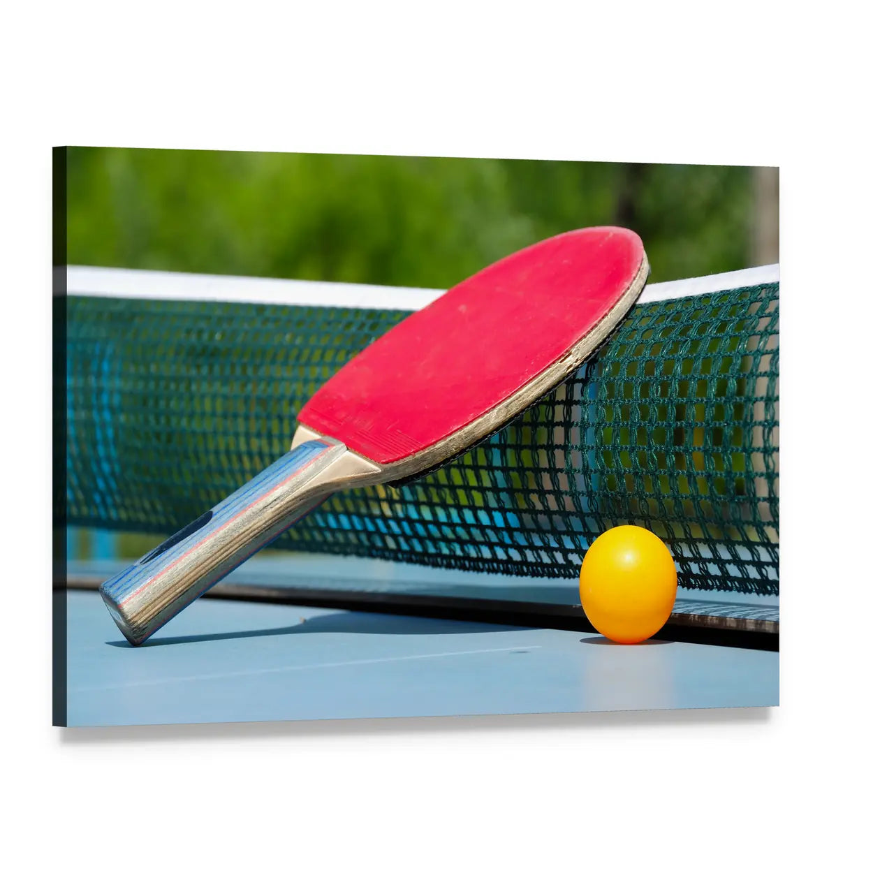 Table Tennis Racket and Ball on Net Canvas Wall Art, single panel gallery wrapped canvas, angled product view