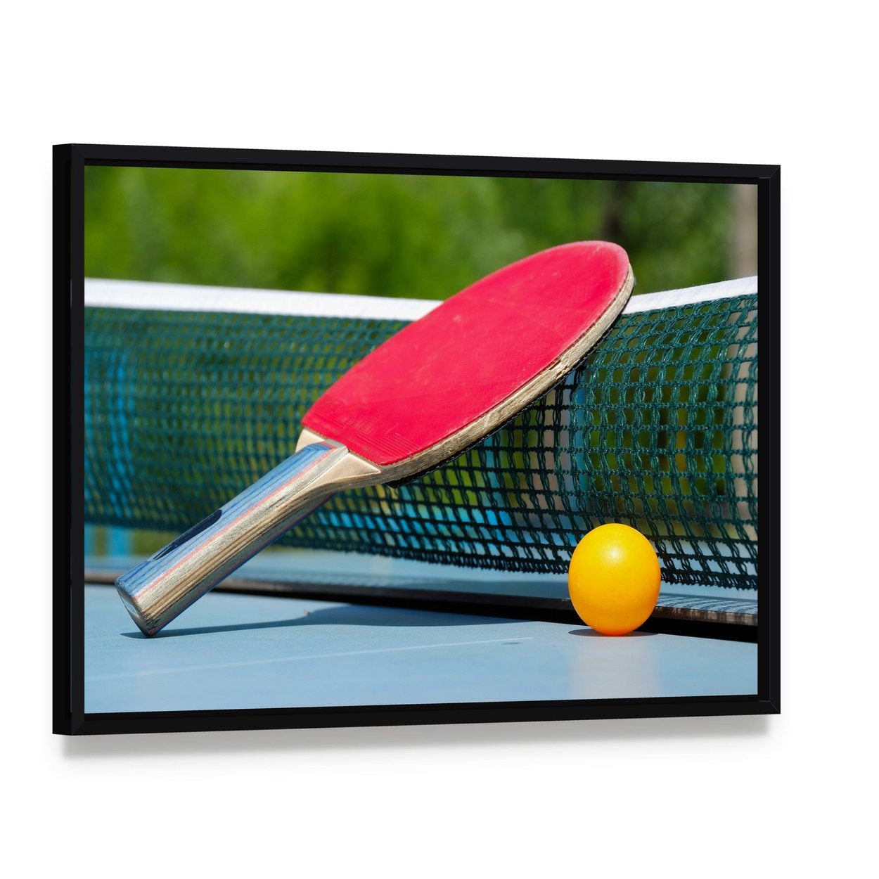 Table Tennis Racket and Ball on Net Canvas Wall Art, framed canvas in a black floater frame, angled product view