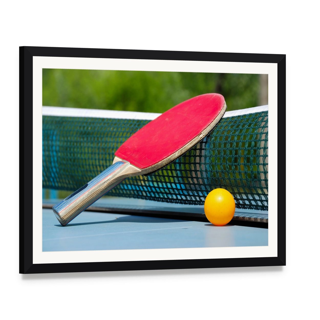 Table Tennis Racket and Ball on Net Canvas Wall Art, framed print with white mat and black frame, angled product view