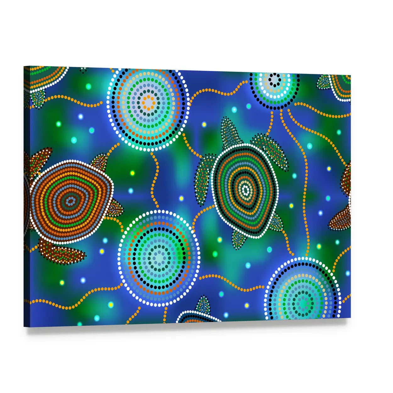 Aboriginal Dot Sea Turtles and Jellyfish Canvas Wall Art, single panel gallery wrapped canvas, angled product view
