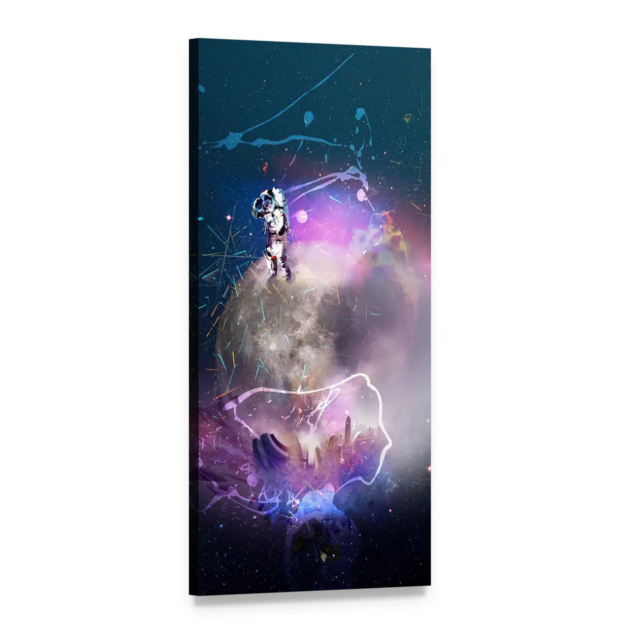 Galaxy Glow with Astronaut and Skyline Vertical Canvas Wall Art, 1 panel 1 Vertical layout gallery wrapped canvas set, angled product view