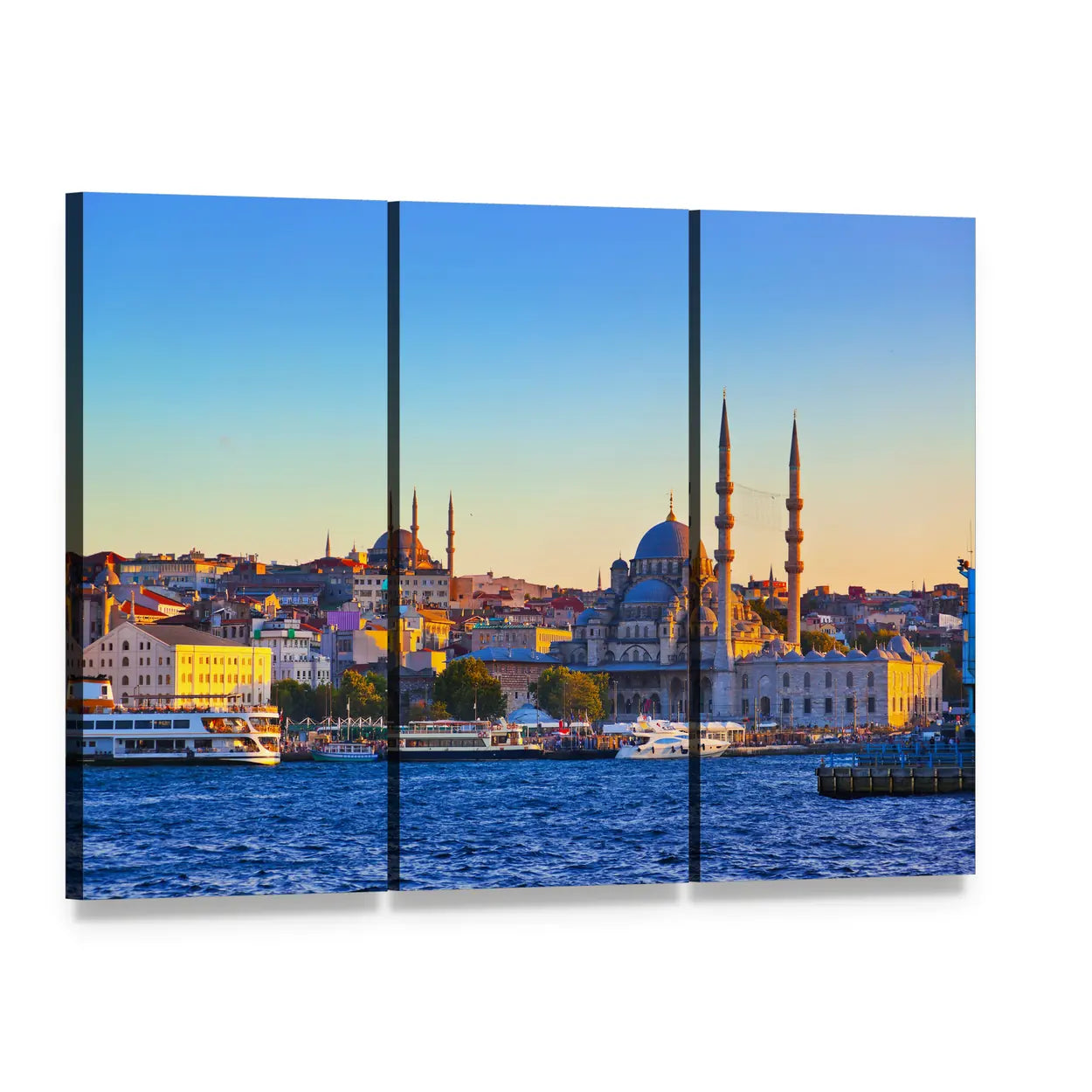 Istanbul Sunset with Mosques Canvas Wall Art, 3 panel 3 Horizontal layout gallery wrapped canvas set, angled product view