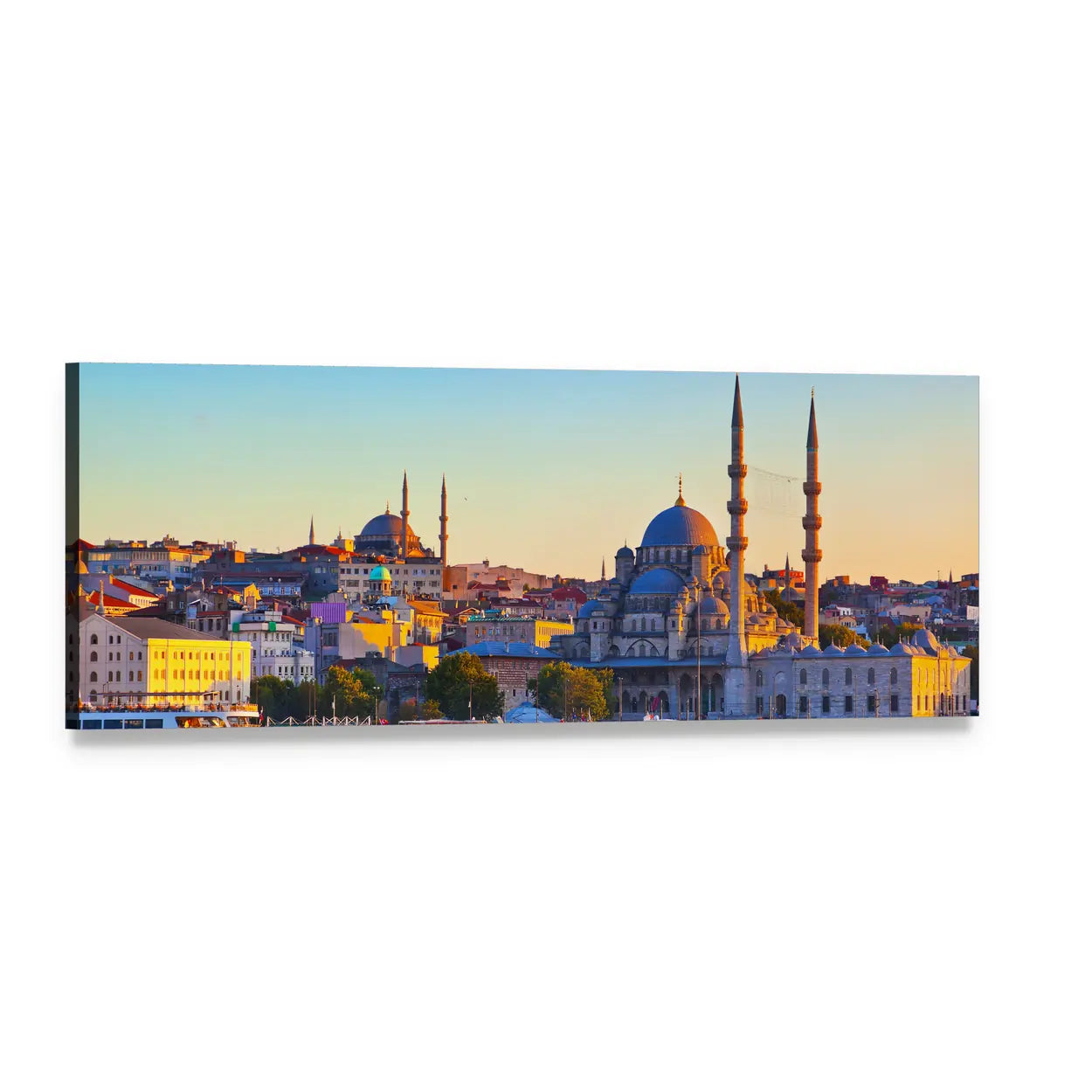 Istanbul Sunset Skyline with Süleymaniye Mosque Panoramic Canvas Wall Art, single panel gallery wrapped canvas, angled product view
