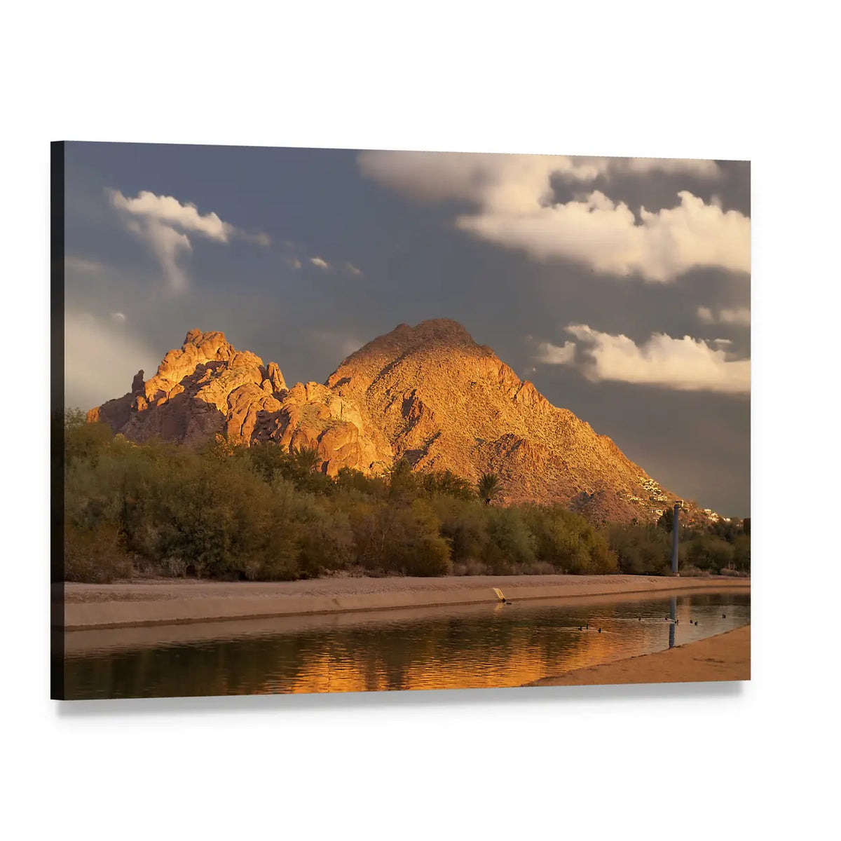 Mountain Canal at Sunset Canvas Wall Art, single panel gallery wrapped canvas, angled product view