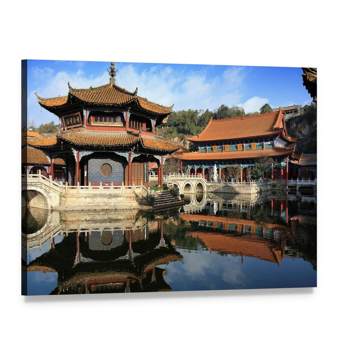 Traditional Chinese Temple by Calm Water Canvas Wall Art, single panel gallery wrapped canvas, angled product view