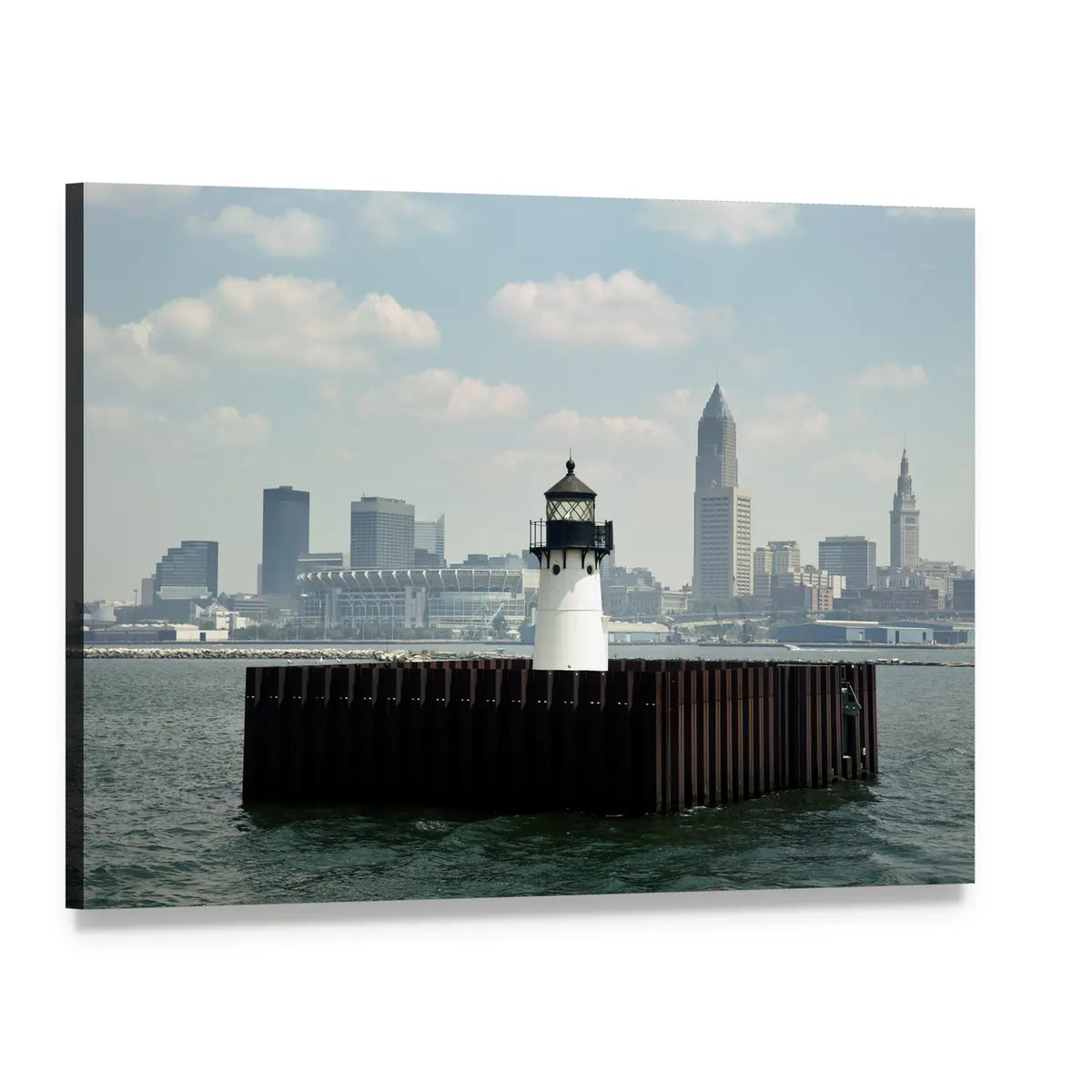 White Lighthouse with City Skyline Canvas Wall Art, single panel gallery wrapped canvas, angled product view