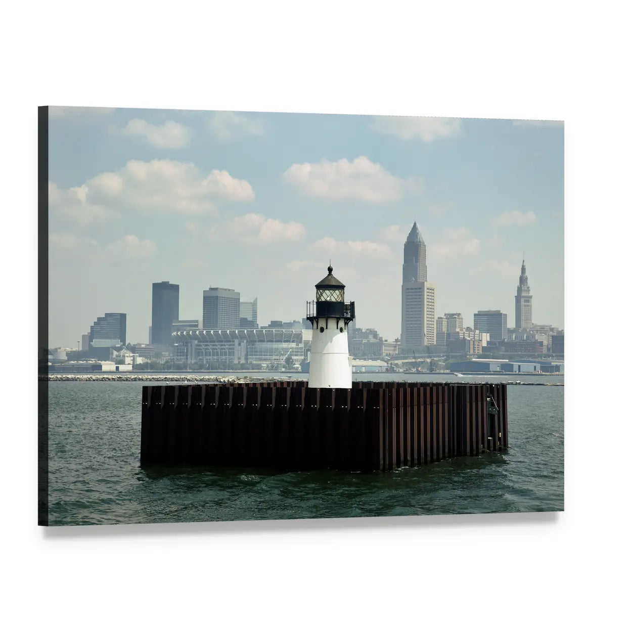 White Lighthouse with City Skyline Canvas Wall Art, single panel gallery wrapped canvas, angled product view