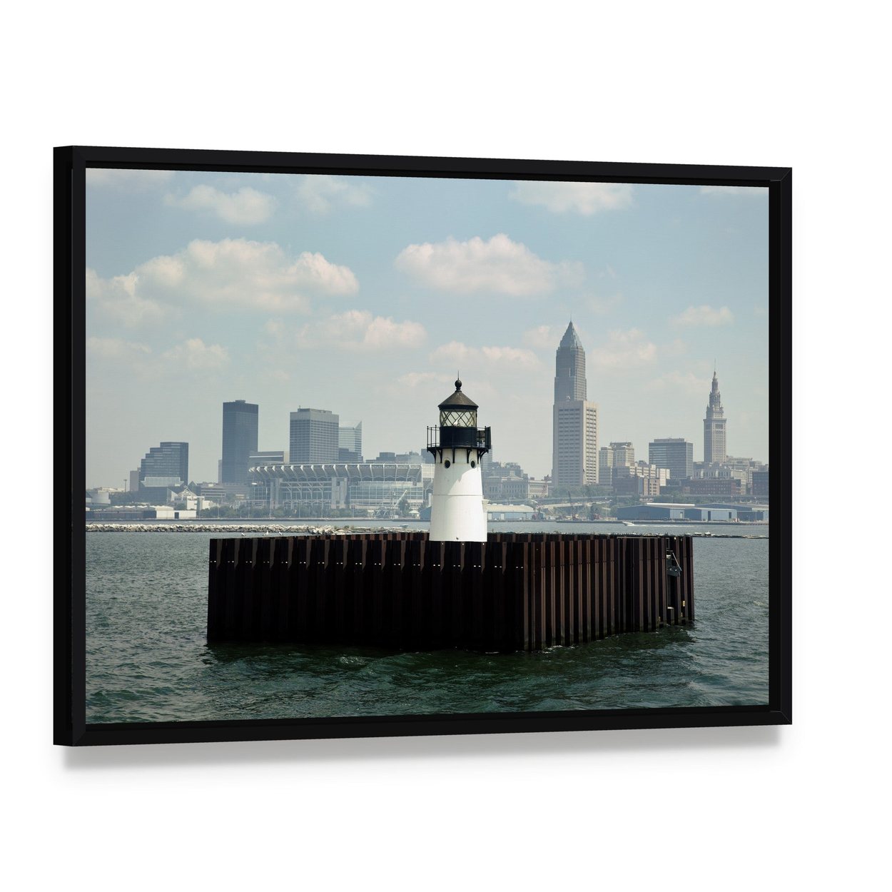 Lighthouse on Lake Canvas Wall Art, framed canvas in a black floater frame, angled product view