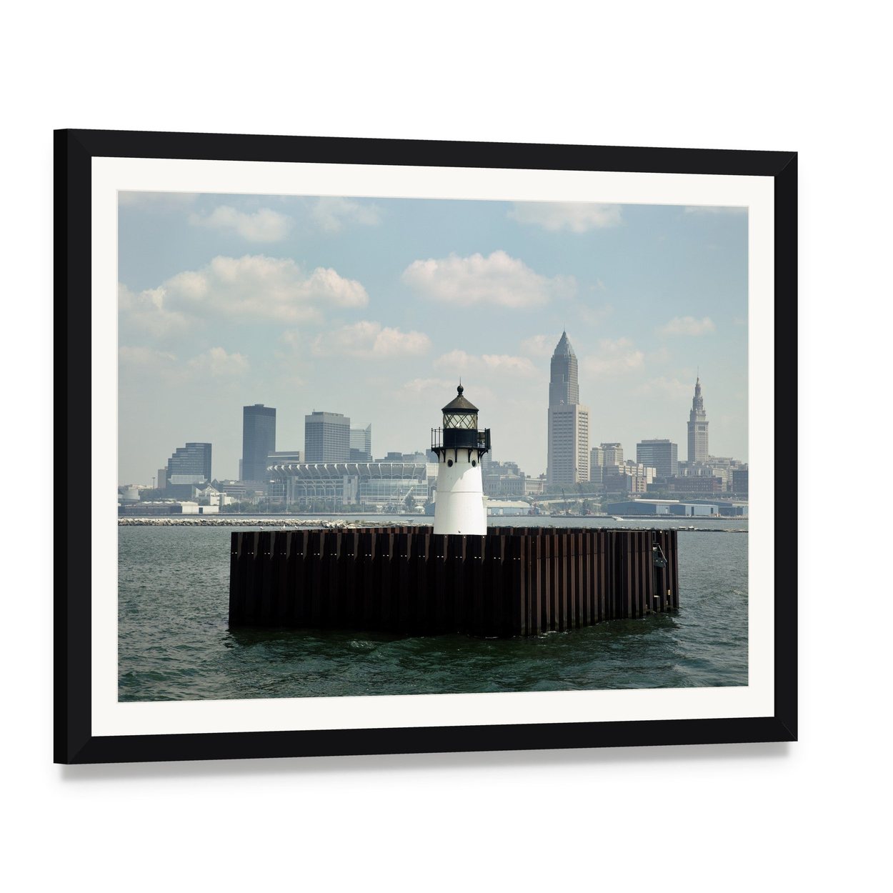Lighthouse on Lake Canvas Wall Art, framed print with white mat and black frame, angled product view