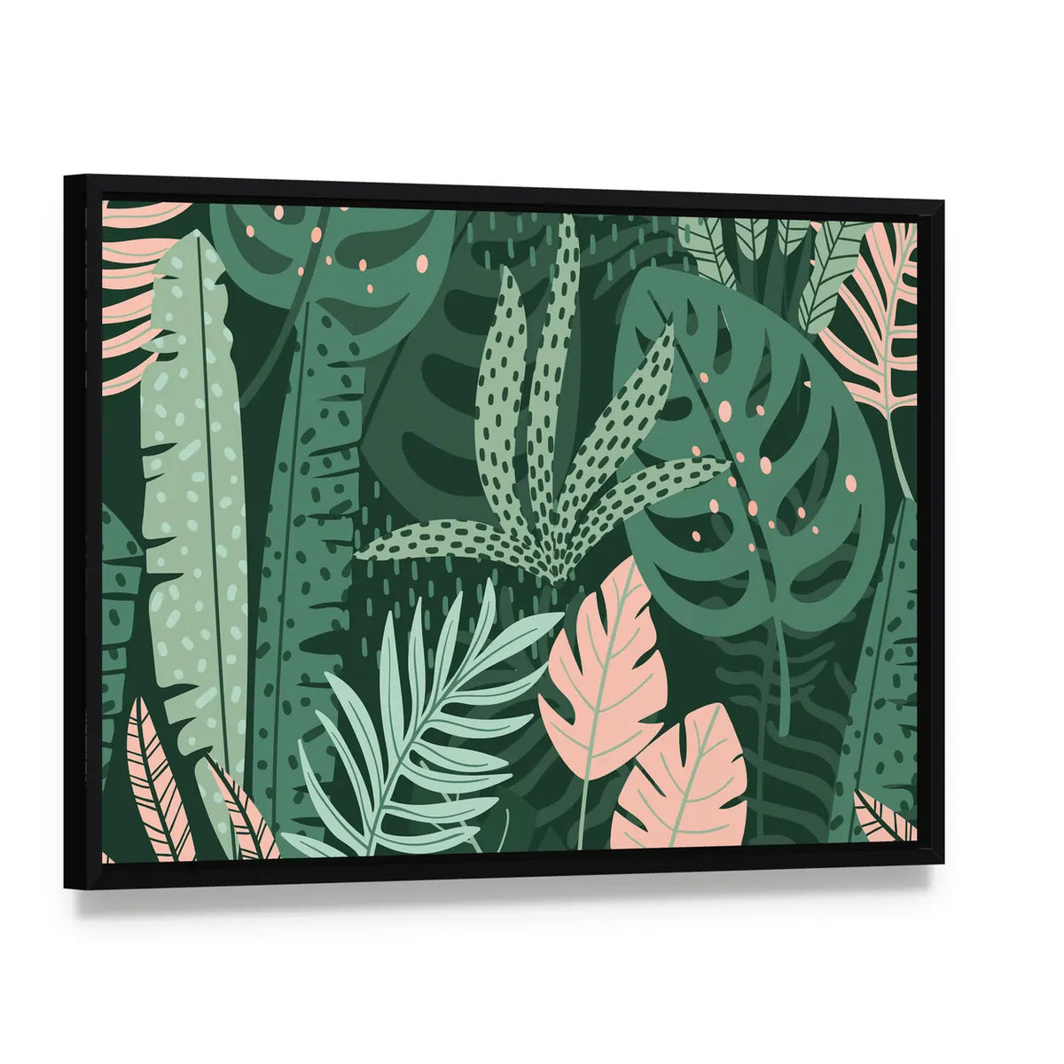 Stylized Tropical Leaves Pattern Canvas Wall Art, framed canvas in a black floater frame, angled product view