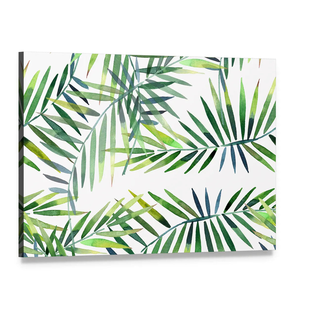 Green Tropical Palm Leaf Pattern Canvas Wall Art, single panel gallery wrapped canvas, angled product view