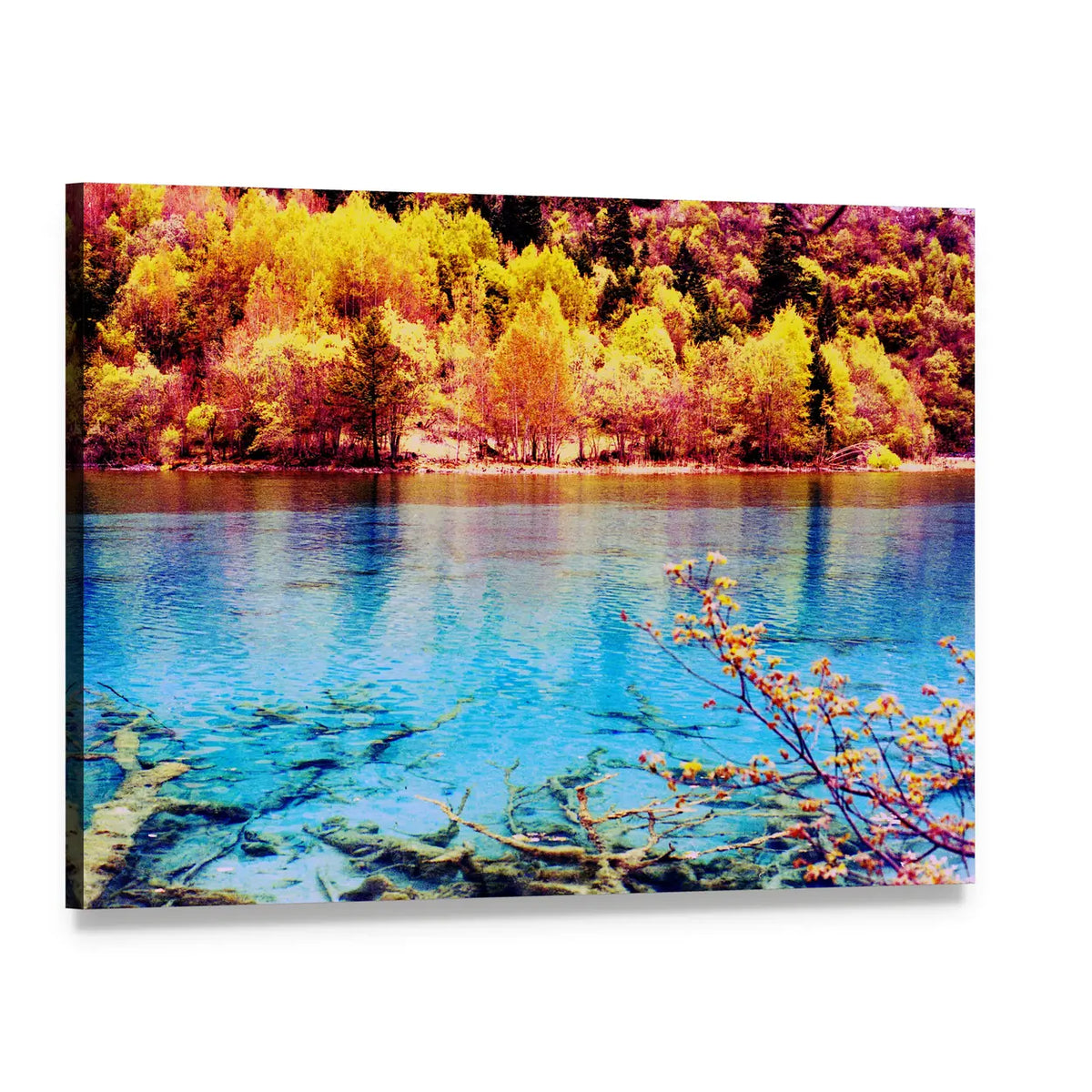Jiuzhaigou Autumn Lake Canvas Wall Art, single panel gallery wrapped canvas, angled product view