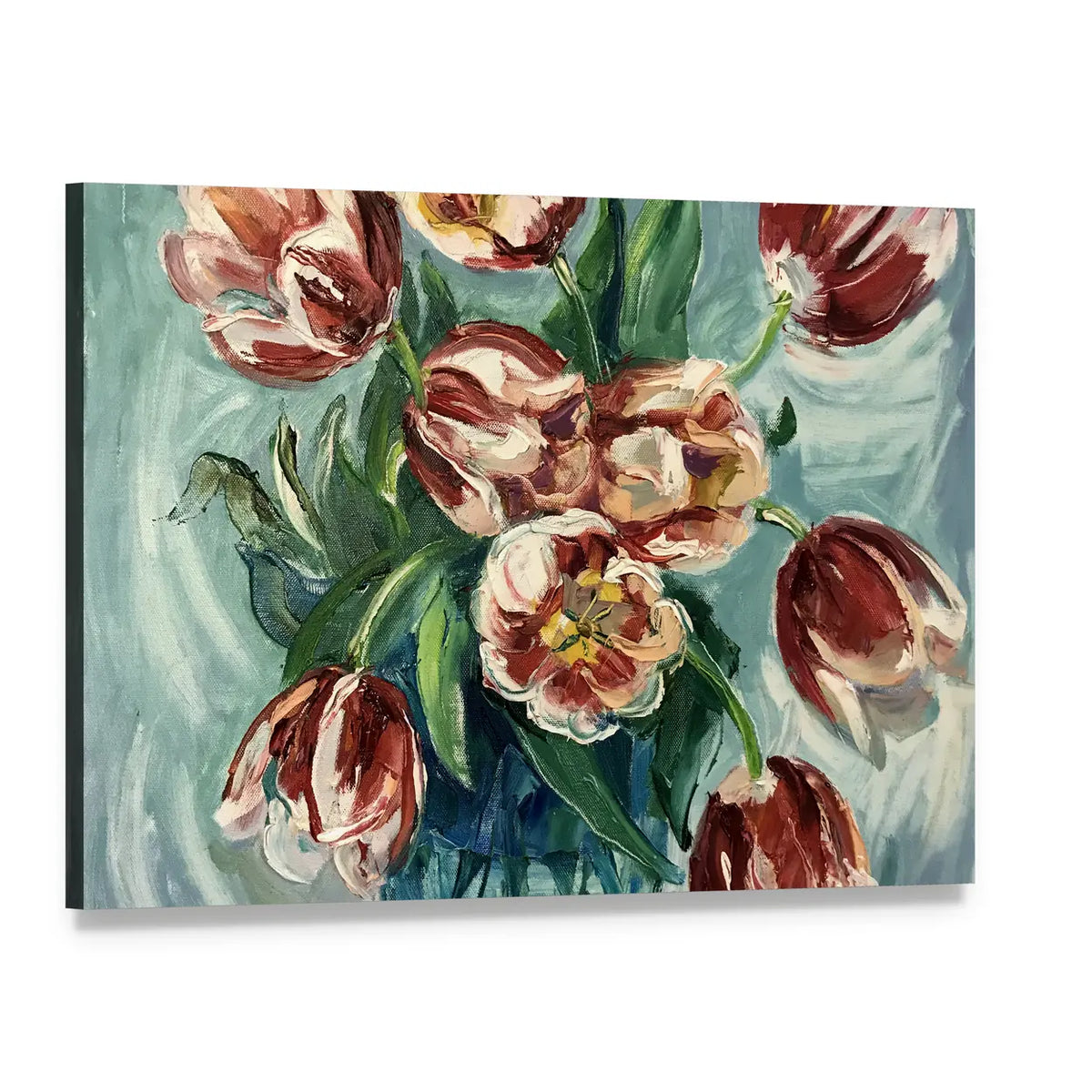 Variegated Tulips Still Life Canvas Wall Art, single panel gallery wrapped canvas, angled product view