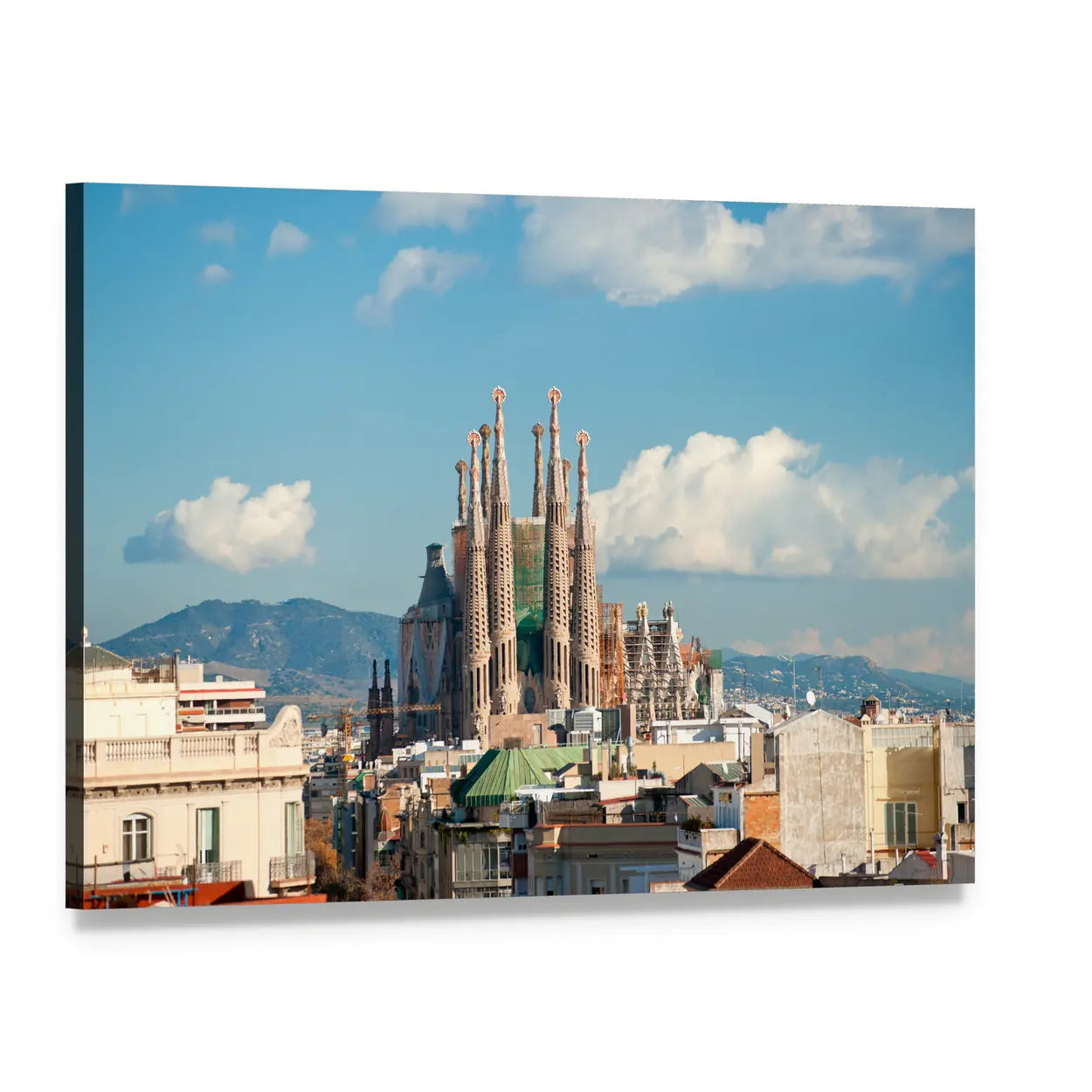 La Sagrada Familia Basilica Canvas Wall Art, single panel gallery wrapped canvas, angled product view