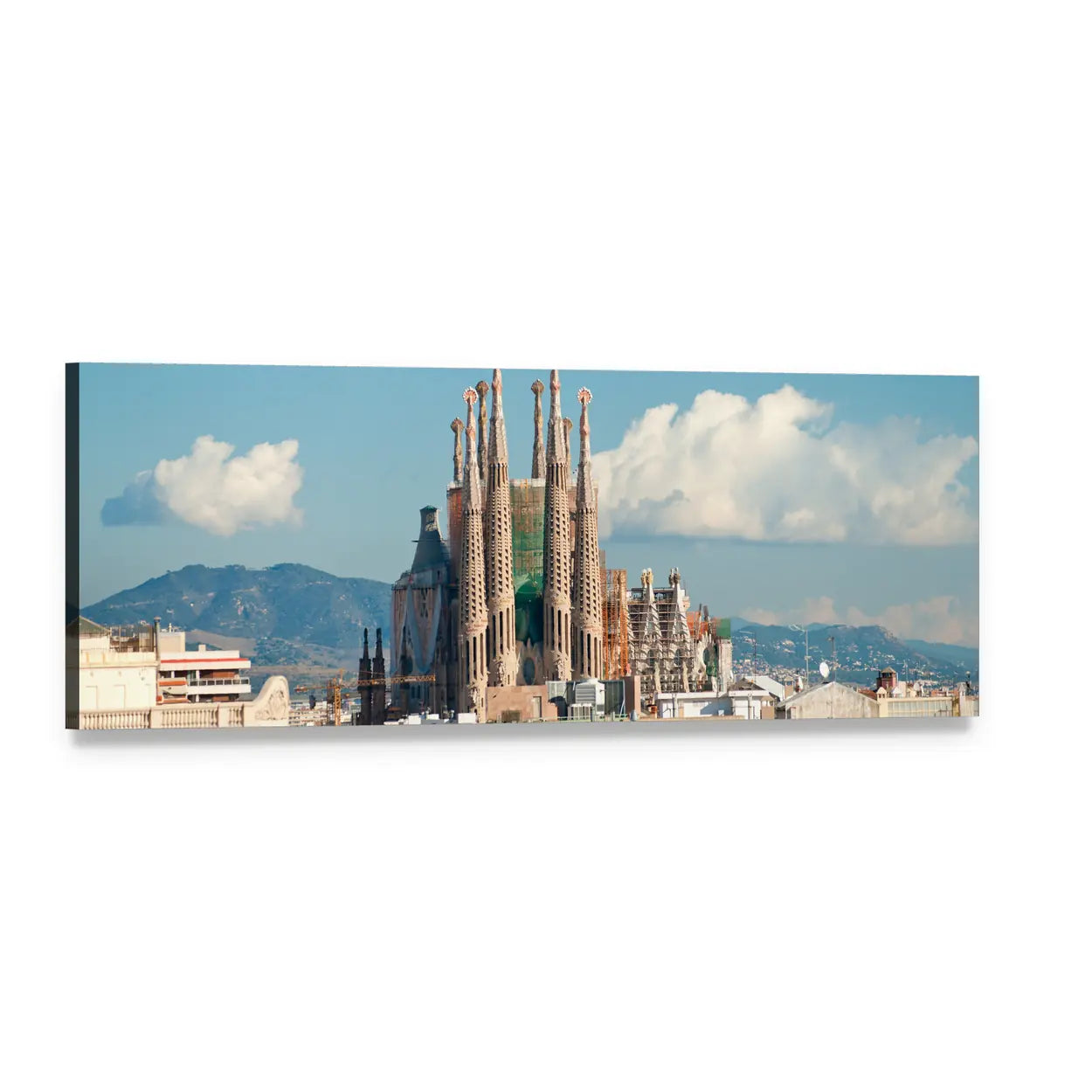 La Sagrada Família Basilica, Barcelona Panoramic Canvas Wall Art, single panel gallery wrapped canvas, angled product view