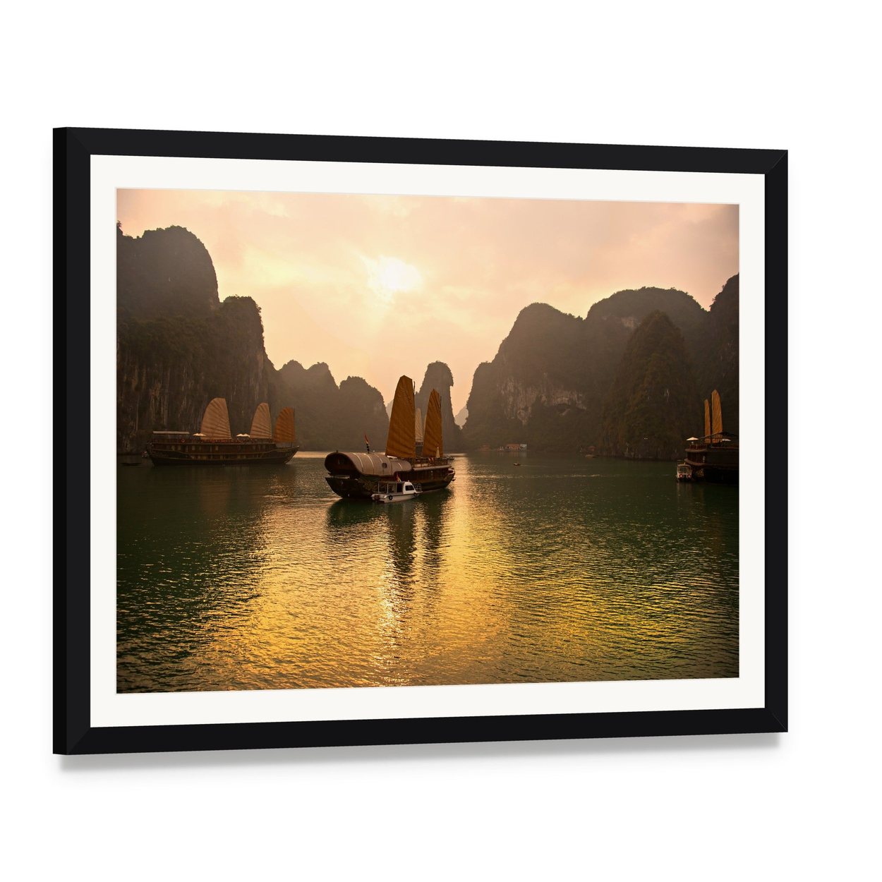 Ha Long Bay Sunset View Canvas Wall Art, framed print with white mat and black frame, angled product view