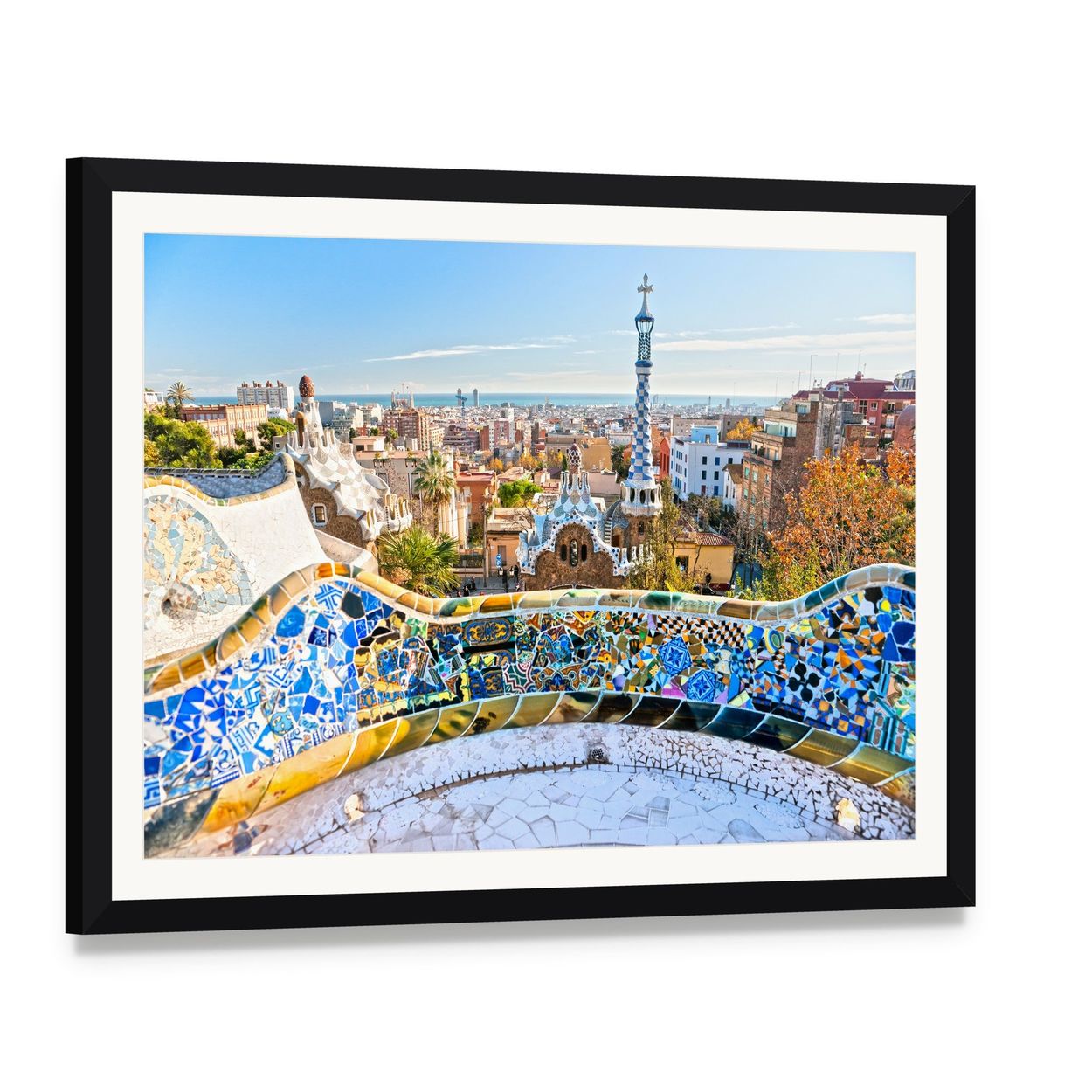 Vibrant Mosaic at Park Guell Canvas Wall Art, framed print with white mat and black frame, angled product view