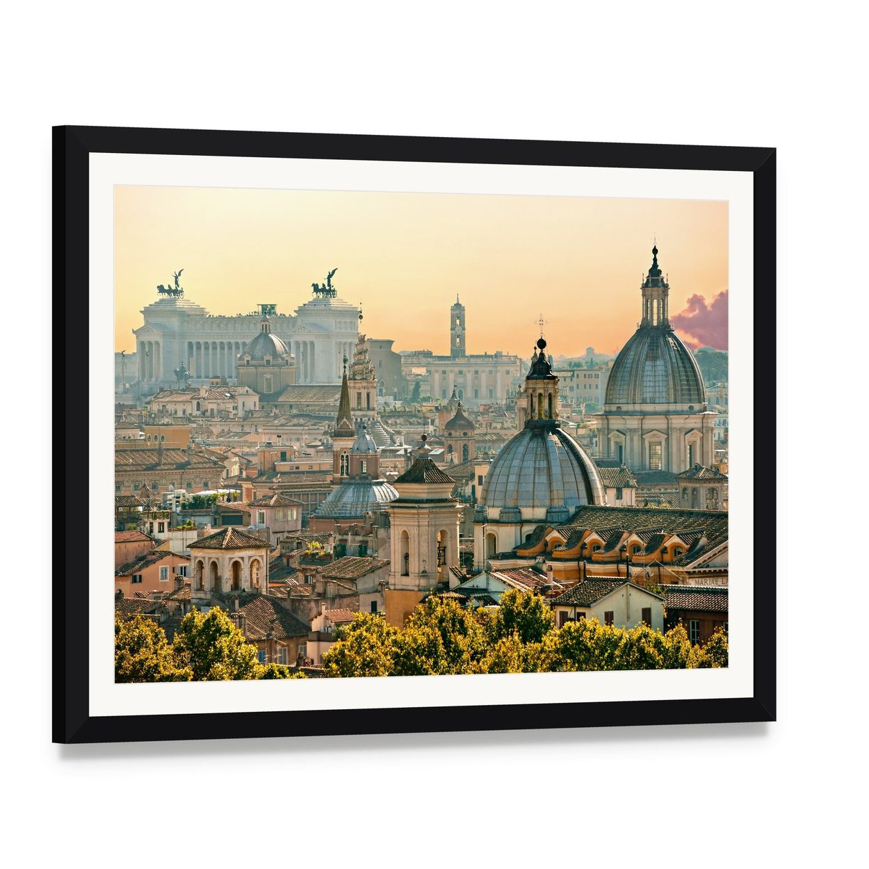 View of Rome from Castel Sant'angelo Canvas Wall Art, framed print with white mat and black frame, angled product view
