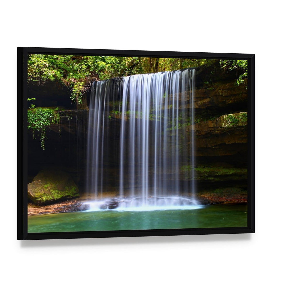 Caney Creek Waterfalls Canvas Wall Art, framed canvas in a black floater frame, angled product view