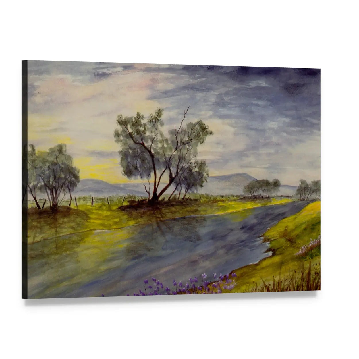 Winding Stream Watercolor Landscape Canvas Wall Art, single panel gallery wrapped canvas, angled product view
