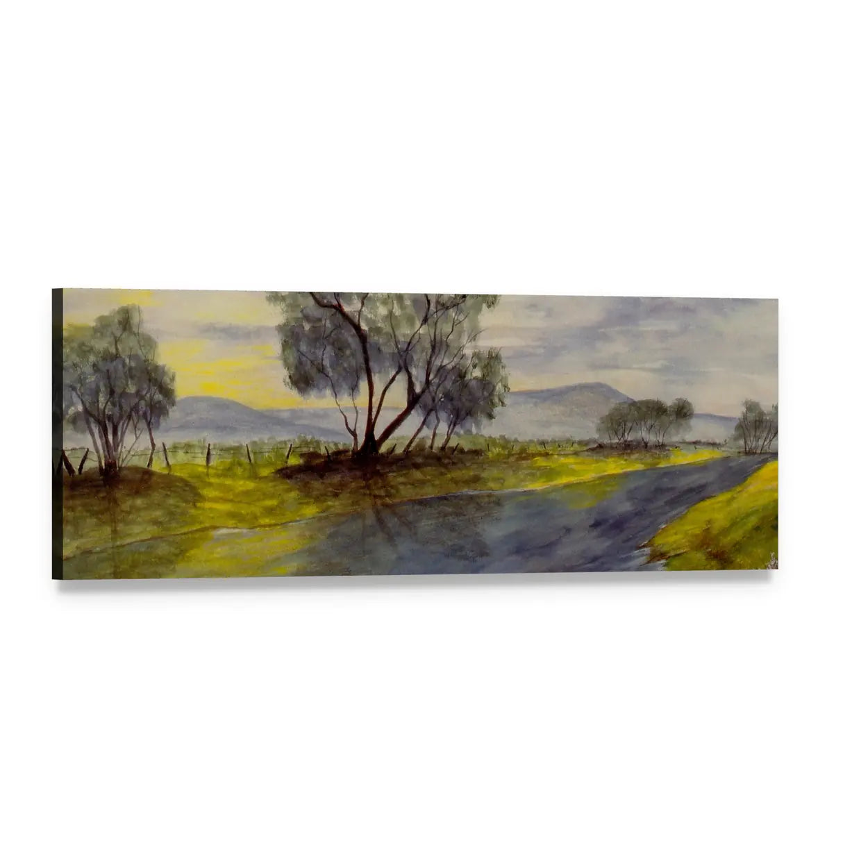 Watercolor Stream Through Meadow at Dusk Panoramic Canvas Wall Art, single panel gallery wrapped canvas, angled product view