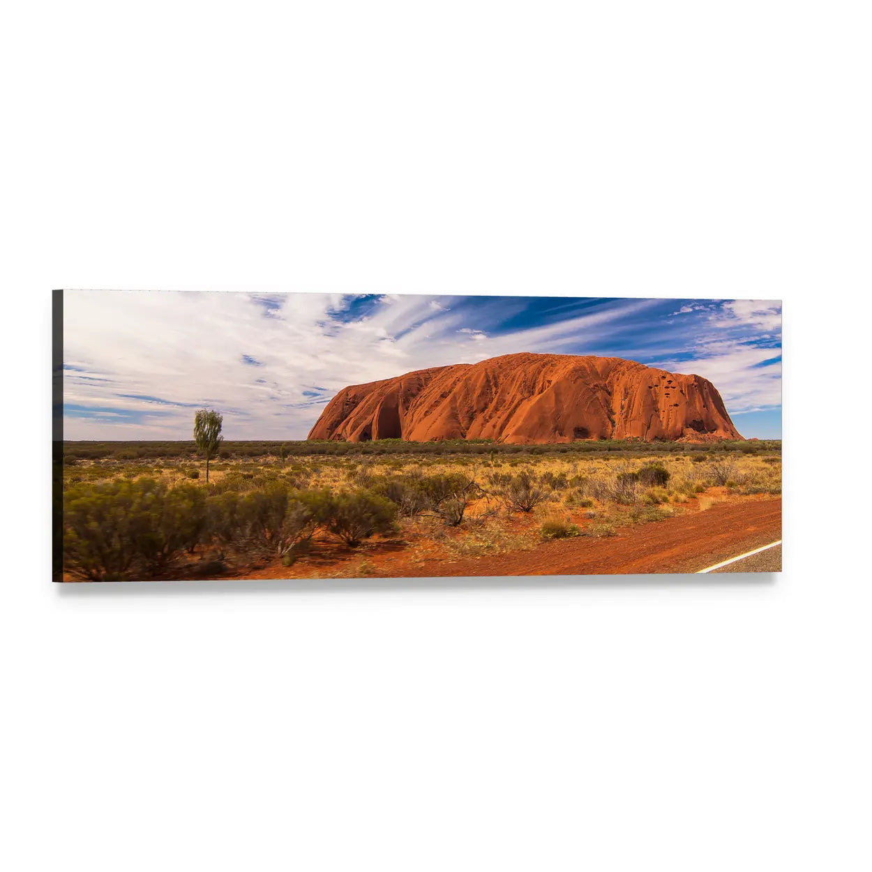 Ayers Rock with White Clouds Panoramic Canvas Wall Art, single panel gallery wrapped canvas, angled product view