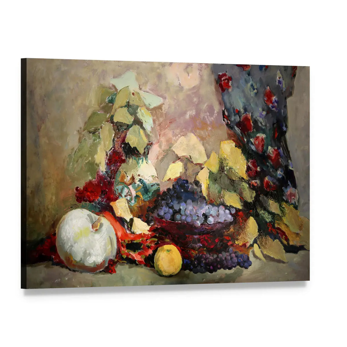Grapes, Lemon, and Pumpkin Still Life Canvas Wall Art, single panel gallery wrapped canvas, angled product view