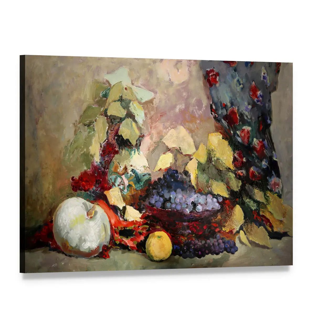 Grapes, Lemon, and Pumpkin Still Life Canvas Wall Art, single panel gallery wrapped canvas, angled product view