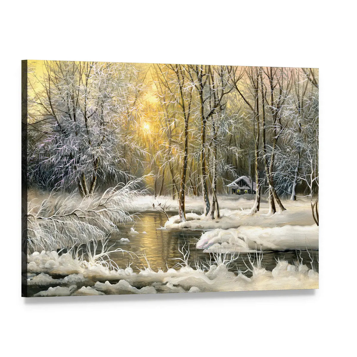Winter Forest Lake at Golden Hour Canvas Wall Art, single panel gallery wrapped canvas, angled product view