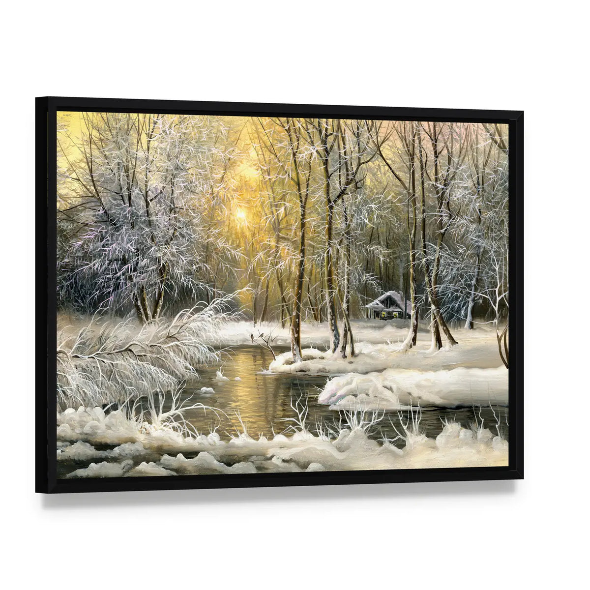 Winter Forest Lake at Golden Hour Canvas Wall Art, framed canvas in a black floater frame, angled product view