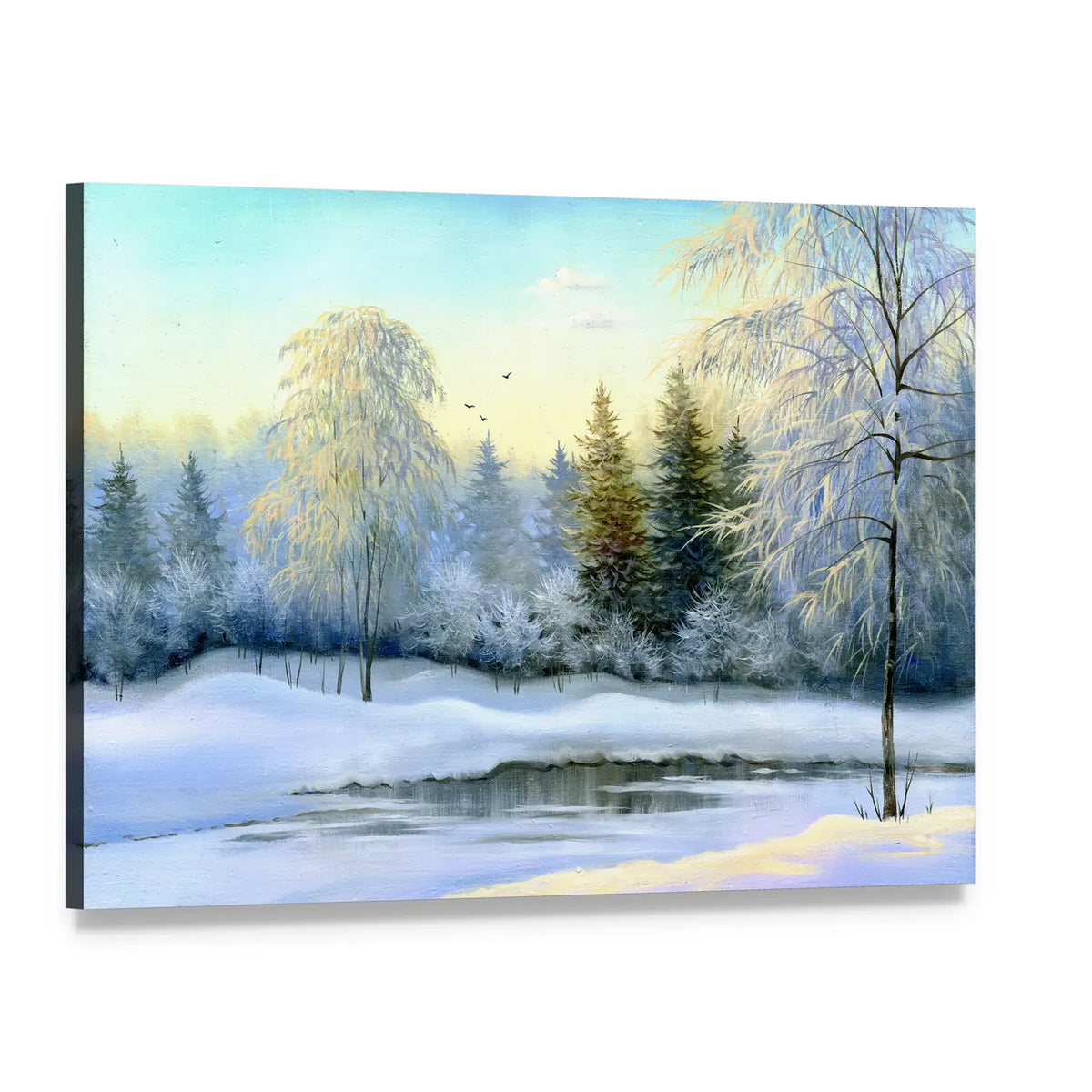 Frozen Lake in Winter Wood Canvas Wall Art, single panel gallery wrapped canvas, angled product view