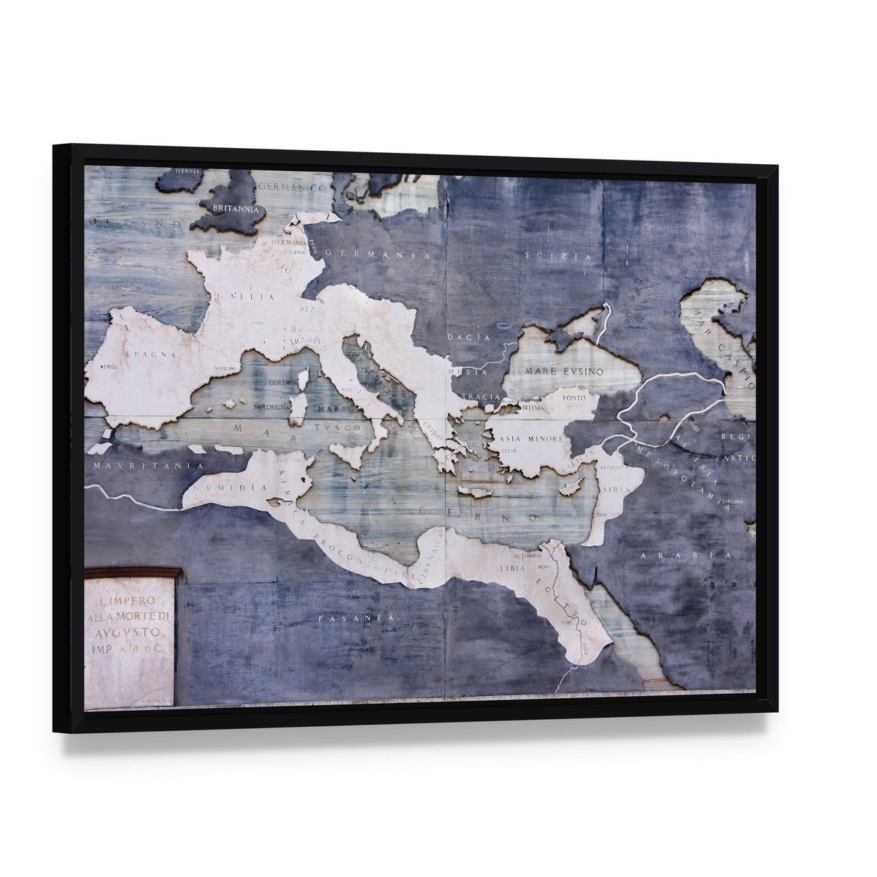 Great Roman Empire Vintage Map Canvas Wall Art, framed canvas in a black floater frame, angled product view
