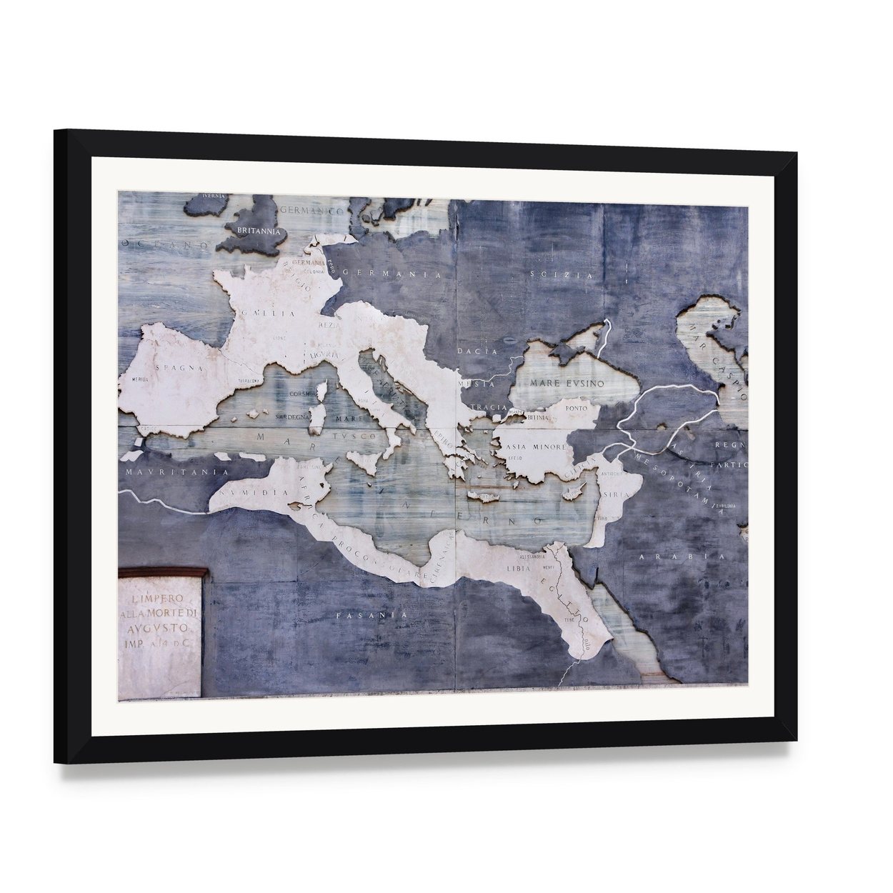 Great Roman Empire Vintage Map Canvas Wall Art, framed print with white mat and black frame, angled product view