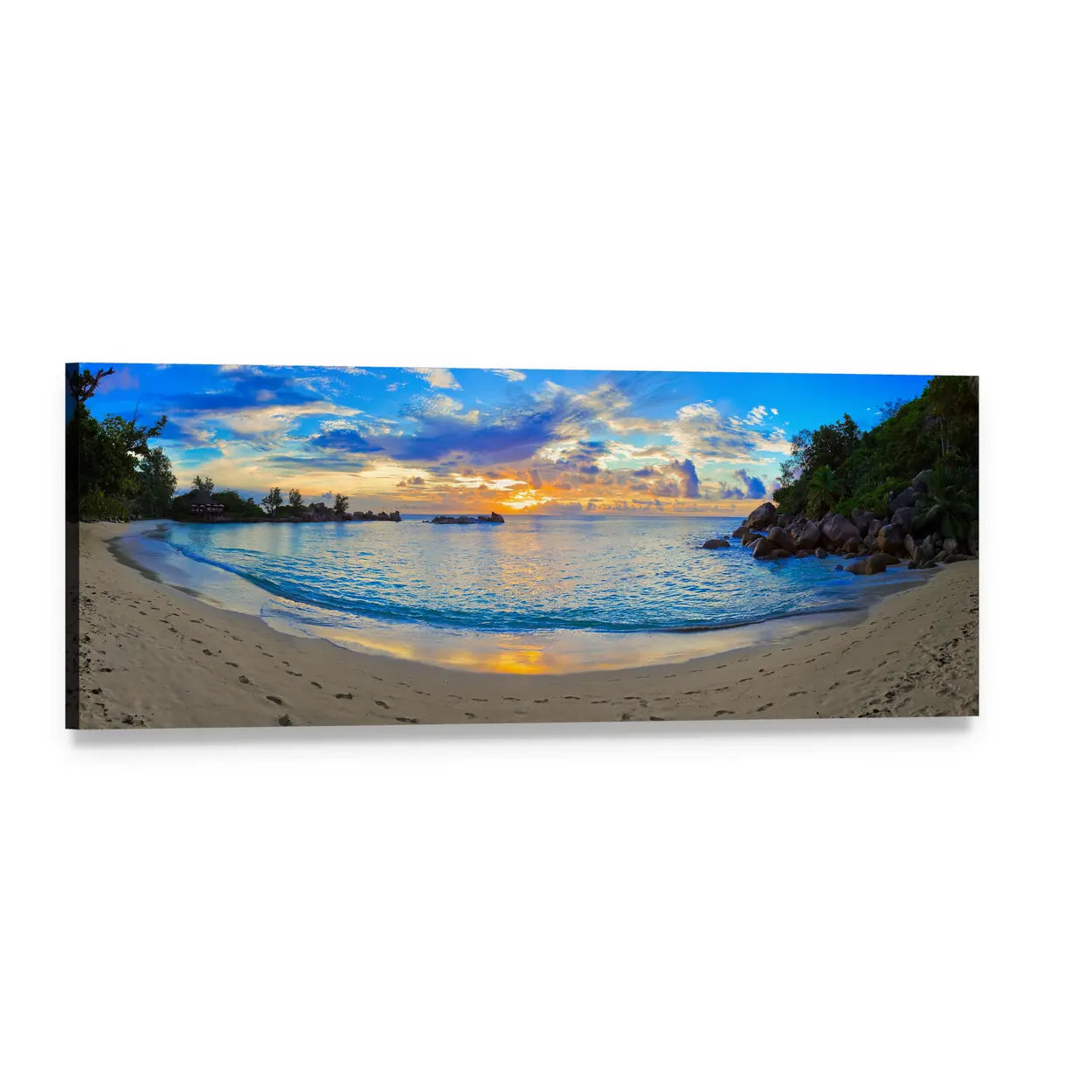 Tropical Beach at Sunset Panoramic Canvas Wall Art, single panel gallery wrapped canvas, angled product view