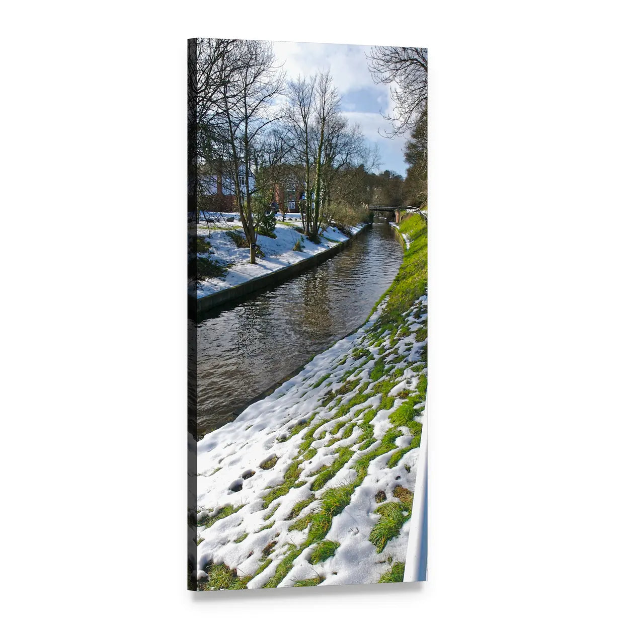 Flowing Canal in Winter Vertical Canvas Wall Art, 1 panel 1 Vertical layout gallery wrapped canvas set, angled product view