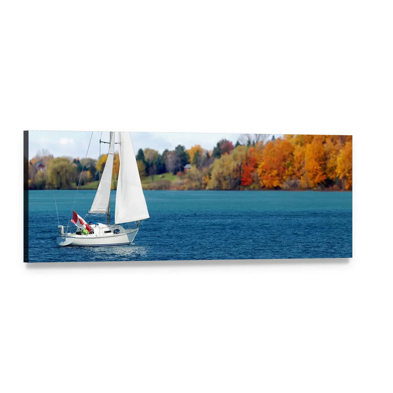 White Sailboat on Autumn Lake Panoramic Canvas Wall Art, single panel gallery wrapped canvas, angled product view