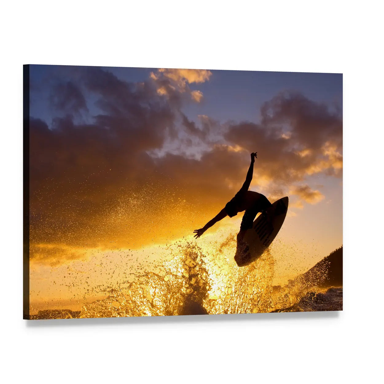 Surfer Mid-air at Sunset Canvas Wall Art, single panel gallery wrapped canvas, angled product view