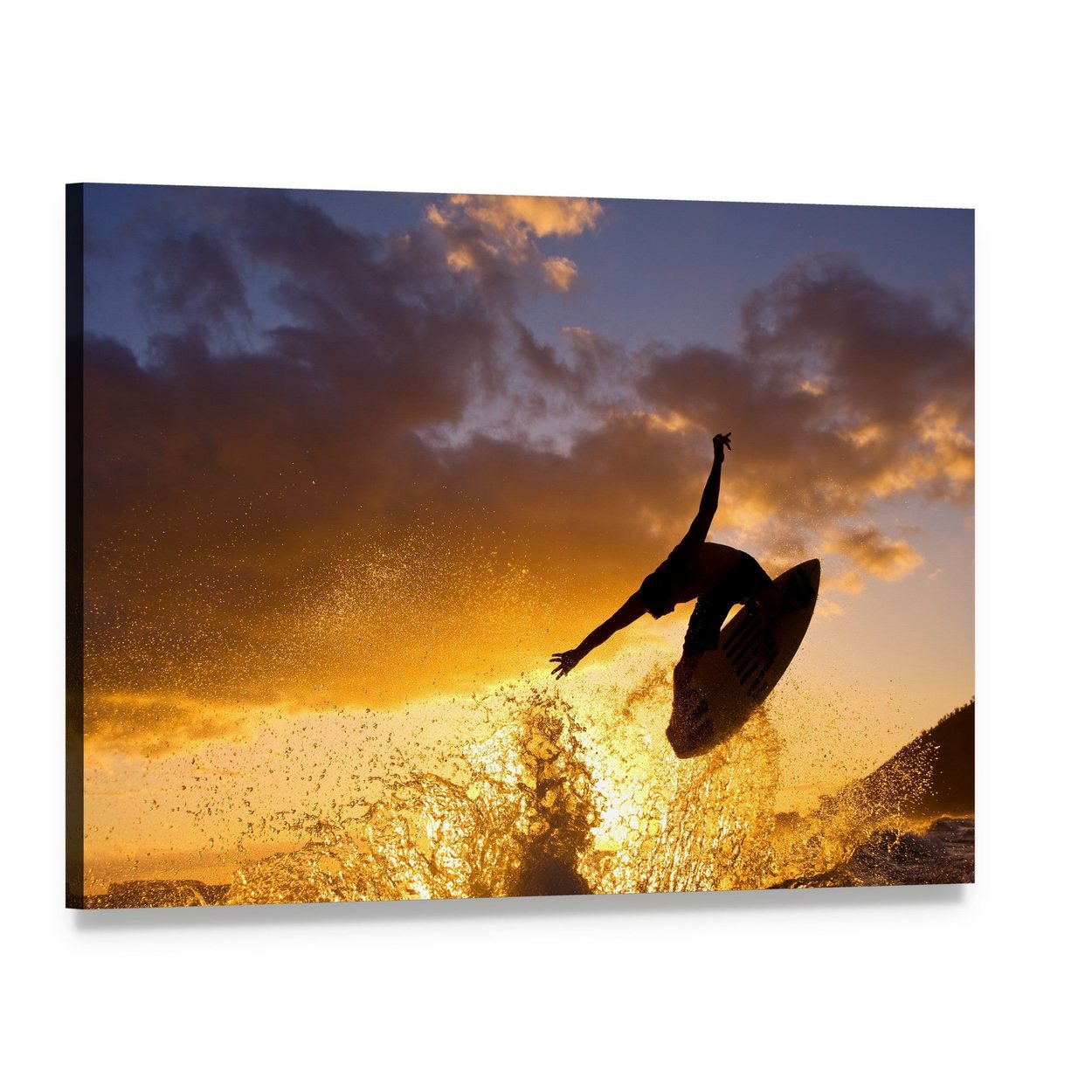 Surfing at Sunset Canvas Wall Art, single panel gallery wrapped canvas, angled product view