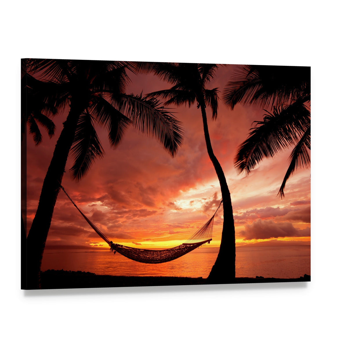 Serene Sunset with Silhouetted Palm Trees Canvas Wall Art, single panel gallery wrapped canvas, angled product view