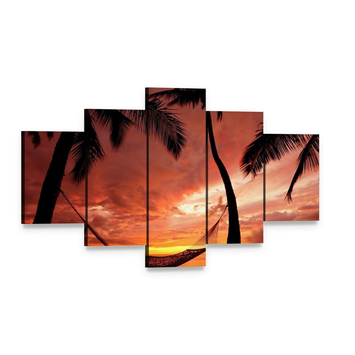 Serene Sunset with Silhouetted Palm Trees Canvas Wall Art, 5 panel 5 Star layout gallery wrapped canvas set, angled product view