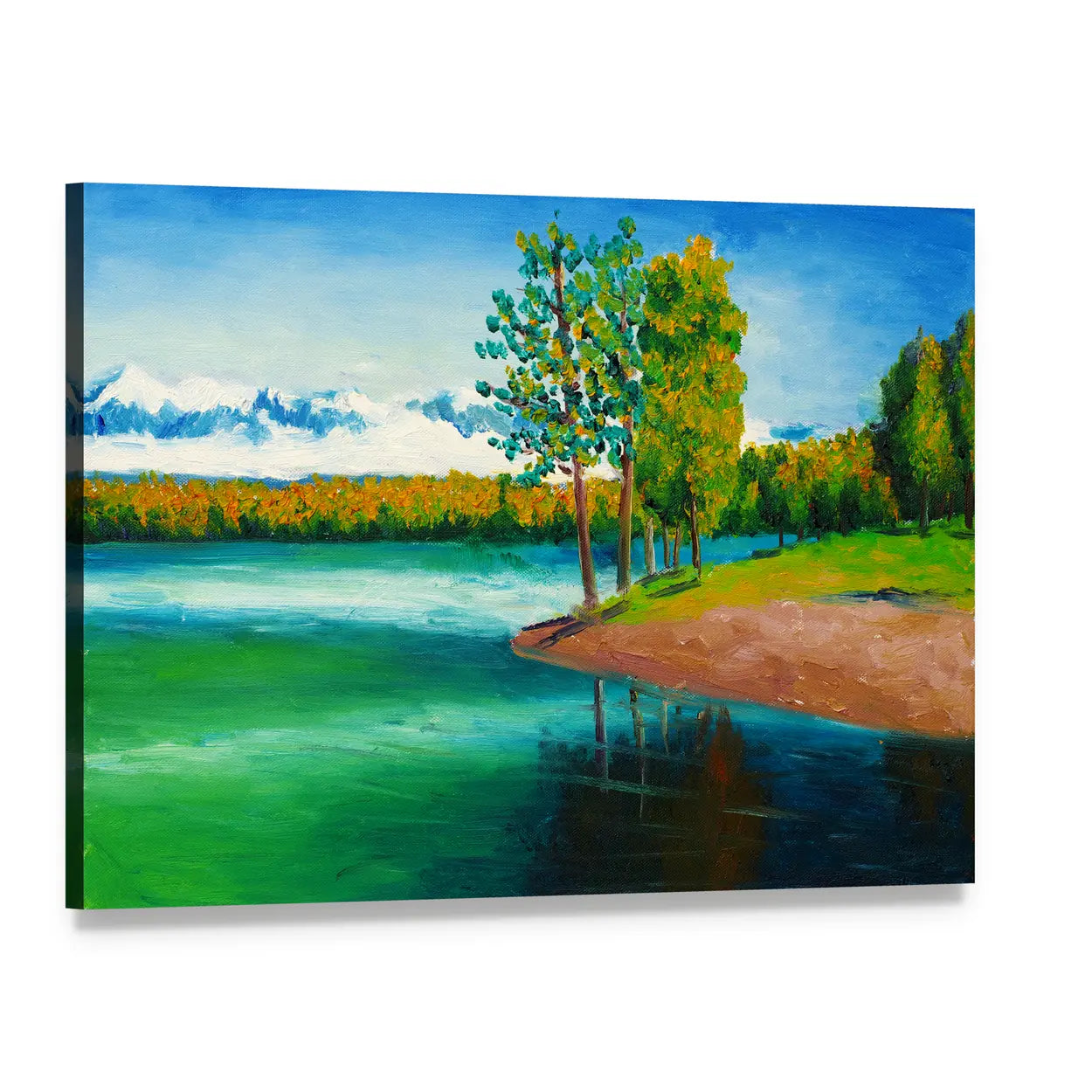 Peaceful Mountain Lake Canvas Wall Art, single panel gallery wrapped canvas, angled product view